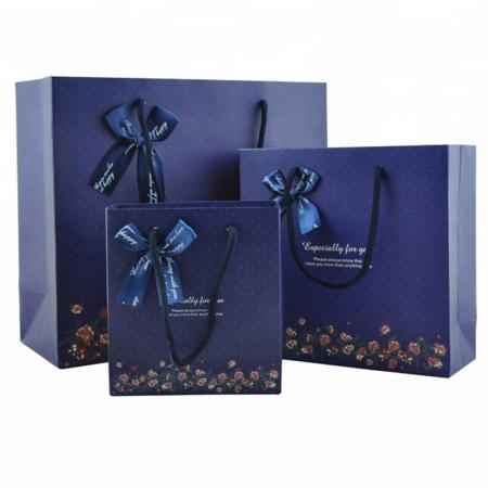 Glossy laminated blue color custom logo printing shopping gift paper bags