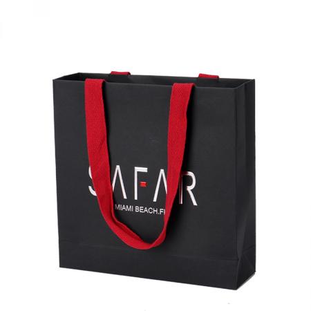 Personality custom printed black luxury brand retail shopping packaging clothing paper bag with red handle